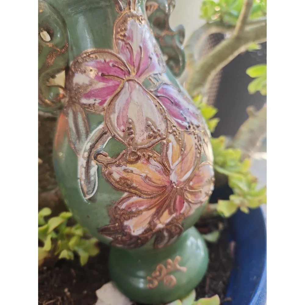 Vtg Japanese Moriage Satsuma Vase Double Handle Green Pink Floral Gold Guilt 10